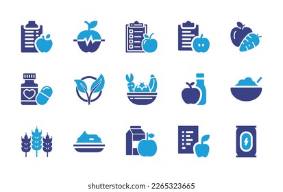 Nutrition icon set. Duotone color. Vector illustration. Containing diet, wellness, nutrition, medication, vegan, fruits, vinegar, cereal, fiber, mashed potatoes, healthy food, energy drink.