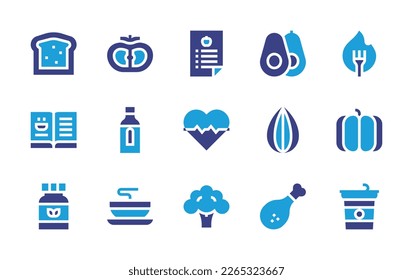 Nutrition icon set. Duotone color. Vector illustration. Containing bread, tomato, diet, avocado, calories, book, olive oil, health, almond, pumpkin, supplement, soup, broccoli, chicken leg, yogurt.