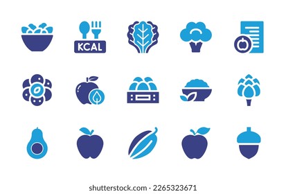 Nutrition icon set. Duotone color. Vector illustration. Containing salad, kcal, kale, broccoli, diet, carpaccio, apple, egg, healthy, artichoke, nutrition, cocoa, acorn.