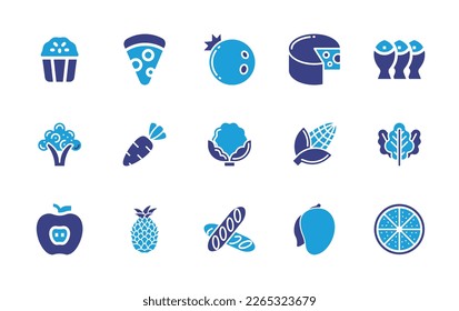 Nutrition icon set. Duotone color. Vector illustration. Containing panettone, pizza, blueberry, cheese, dried fish, broccoli, carrot, cauliflower, corn, kale, apple, pineapple, french bread, mango.