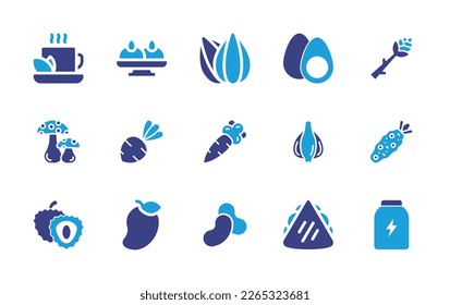 Nutrition icon set. Duotone color. Vector illustration. Containing coca tea, sandesh, almond, boiled egg, asparagus, mushroom, beetroot, radish, garlic, wasabi, lychee, mango, red beans, quesadilla.