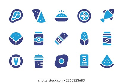 Nutrition icon set. Duotone color. Vector illustration. Containing meat, cheese, rice, cholesterol, fish, cauliflower, honey, protein bar, corn, soy milk, balanced diet, shake, egg, app, watermelon.