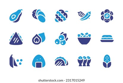 Nutrition icon set. Duotone color. Vector illustration. Containing avocado, sweet potato, custard apple, okra, carpaccio, quesadilla, macadamia nut, blueberry, salad, cake, green peas, onigiri, tacos.