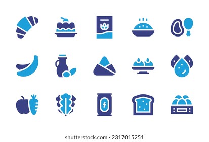 Nutrition icon set. Duotone color. Vector illustration. Containing croissant, pudding, cereal, rice, protein, banana, olive oil, zongzi, sandesh, trans fat, nutrition, arugula, energy drink, bread.