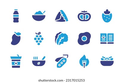Nutrition icon set. Duotone color. Vector illustration. Containing soft drink, cereal, samosa, tomato, strawberry, mango, grapes, lettuce, egg, book, yogurt, soup, green pea, calories, salad.