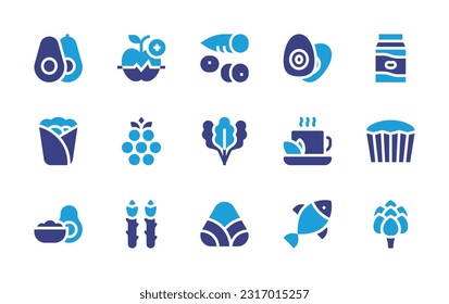 Nutrition icon set. Duotone color. Vector illustration. Containing avocado, wellness, yuca, scotch egg, soy milk, burrito, blackberry, vegan, coca tea, muffin, guacamole, asparagus, zongzi, fish.