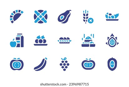 Nutrition icon set. Duotone color. Vector illustration. Containing avocado, empanada, ingredients, bread of the dead, barley, panini, healthy food, pitahaya, laddu, food, grapes, persimmon, sapodilla.