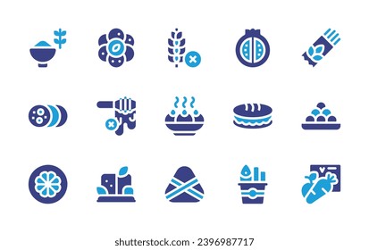 Nutrition icon set. Duotone color. Vector illustration. Containing pomegranate, carpaccio, wheat, oat, spaghetti, pambazo, honey, sandesh, ham, sweets, fish and chips, tofu, zongzi, mangosteen.