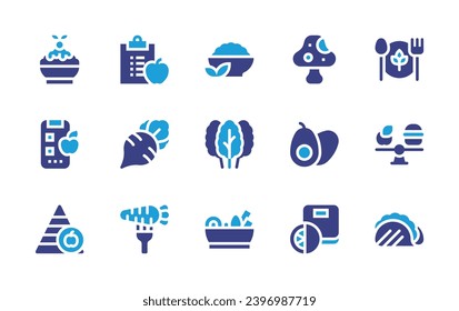 Nutrition icon set. Duotone color. Vector illustration. Containing healthy, vegetarian, diet, mushroom, kale, nutrition, radish, avocado, naengmyeon, nutritional pyramid, tacos, bingsu.