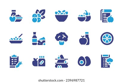 Juego de iconos de nutrición. Color de duotona. Ilustración vectorial. Contiene mangostinos, arándanos, ensalada, desayuno, nutrición, vinagre, vino, brócoli, naranja, huevo, vitaminas, pirámide nutricional.