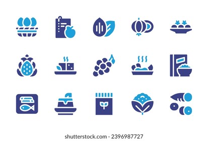 Nutrition icon set. Duotone color. Vector illustration. Containing nutrition, almond, eggs, croquette, onion, grapes, dragon fruit, cereal, tofu, ceviche, grain, fish and chips, yuca, pudding.