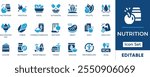 Nutrition Icon Set. Features editable icons for food symbols, diet, health, vitamins, minerals, and more. Perfect for nutrition, health, and fitness designs.