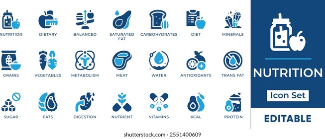 Nutrition Icon Set. Features editable icons for food symbols, diet, health, vitamins, minerals, and more. Perfect for nutrition, health, and fitness designs.