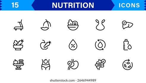 Nutrition Icon Set Featuring Healthy Food, Diet, Vitamins, Wellness, and Fitness in a Clean, Minimalist, and SEO-Optimized Vector Style