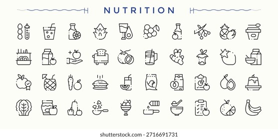 Conjunto de ícones de nutrição. Apresentando suplemento, saudável, saúde, vitamina, nutrição e muito mais. Coleção de ícones de vitaminas. Ilustração vetorial moderna. Traçado editável.