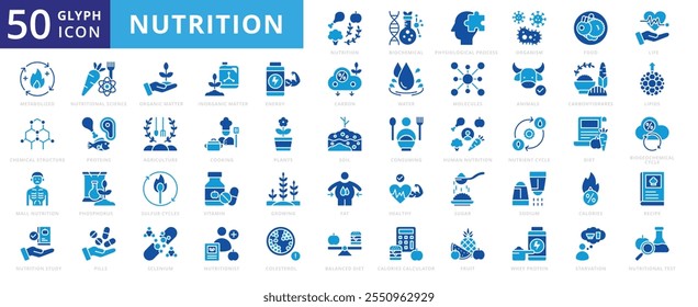 Ícone de nutrição conjunto de alimentos, frutas, animais, cozinhar, agricultura, energia, saudável, dieta, vida, nutrição, estudo, açúcar, plantas, vitamina, gordura, solo, calorias, colesterol, pílulas, organismo, carbono, teste