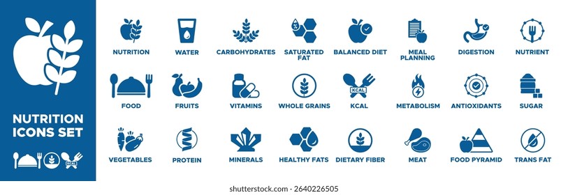 Nutrition icon set. nutrition, food, vegetables, protein, fruits, water, carbohydrates, vitamins, minerals, healthy fats, whole grains, saturated fat icons. Solid icon collection. Vector illustration.