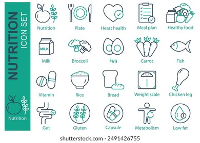 Nutrition icon set. healthy food, meal plan, gluten and more. line icon style. nutrition element vector illustration