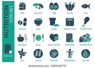 Nutrition icon set. healthy food, meal plan, gluten and more. solid icon style. nutrition element vector illustration