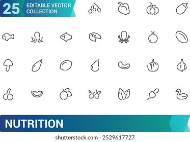 Conjunto de ícones de nutrição, Comida saudável e Dieta Thin Line Ícones. Caunt Calories, óleo de palma livre, AVC editável, Pixel perfeito, ilustração vetorial.