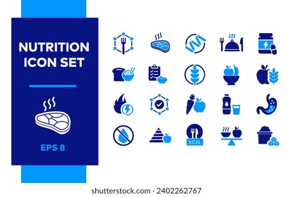 Nutrition icon set. Hot food, meal and folk, knife. Pharmacy. Rice and bread, noodles. Meal calories with plate. Sugar diet, Nutrition. Stomach. Gastroenterology. Wheat. Nutrient. diet planning. 