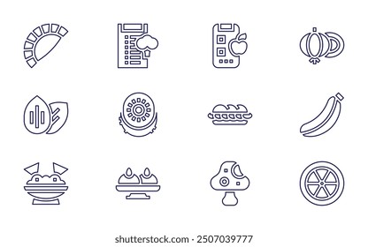 Nutrition icon set. Line style. Editable stroke. nutrition, almond, onion, panini, banana, kiwi, empanada, mangosteen, pitahaya, food, sapodilla.