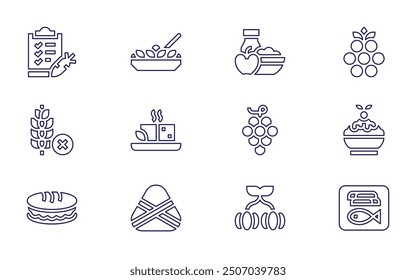 Nutrition icon set. Line style. Editable stroke. breakfast, salad, zongzi, tofu, wheat, pambazo, grapes, pitanga, nutrition, yuca, ham, celiac.