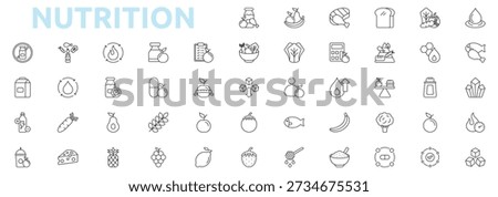 Nutrition icon set outline style with carbohydrate, vegetable, water, protein, mineral, calories, sugar, metabolism, supplement, nutrition plan, healthy food icons