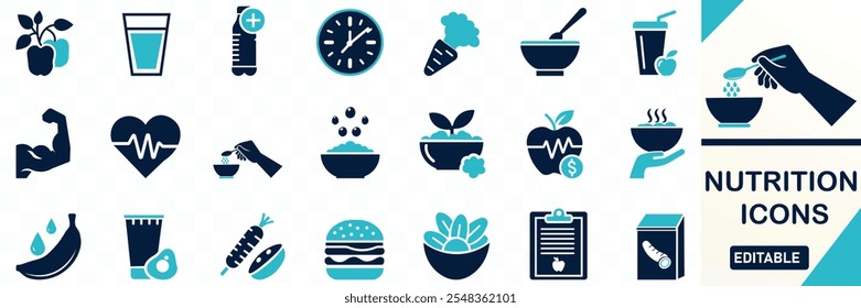 Nutrition icon set. Solid flat vector icons collection