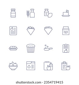 Nutrition icon set. Thin line icon. Editable stroke. Containing vitamins, vitamin e, vitamin c, tofu, report, quesadilla, proteins, panini, panettone, pan, nutritional plan, nutrition.