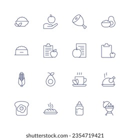 Nutrition icon set. Thin line icon. Editable stroke. Containing healthy, nutrition, ham, guacamole, dog food, diet, corn, avocado, coca tea, chicken, brunch, bread, milk bottle, barbecue.