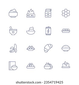 Nutrition icon set. Thin line icon. Editable stroke. Containing mascarpone, kcal, jam, hive, baby food, egg, drink, donuts, banana, croquette, croissant, couscous, cereal, canelons, cake, butter.