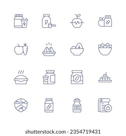 Nutrition icon set. Thin line icon. Editable stroke. Containing whey, whey protein, wellness, vitamins, nutrition, samosa, salad, pet food, peanut butter, patatas bravas.