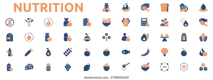 Nutrition icon set two color style with fruits, meat, carbohydrate, vegetable, water, protein, mineral, calories, sugar, metabolism, supplement, nutrition plan, healthy food icons