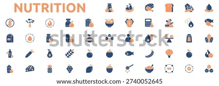 Nutrition icon set two color style with fruits, meat, carbohydrate, vegetable, water, protein, mineral, calories, sugar, metabolism, supplement, nutrition plan, healthy food icons