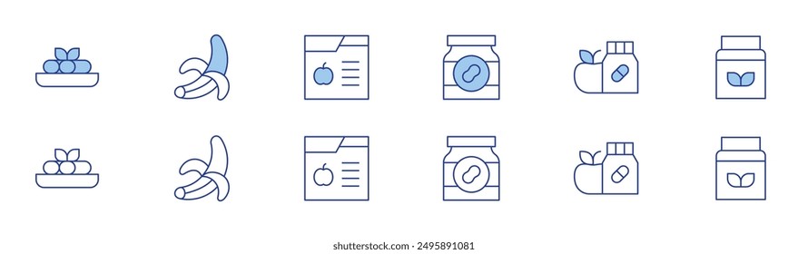 Nutrition icon set in two styles, Duotone and Thin Line style. Editable stroke. peanut butter, vitamins, nutrition, proteins, canelons, banana.