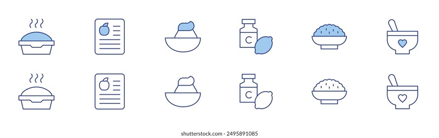 Conjunto de iconos de nutrición en dos estilos, Duotone y Thin Line. Alimento para mascotas, vitamina c, informe, cuscús, comida para bebés, huevo.
