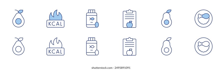 Nutrition icon set in two styles, Duotone and Thin Line style. Editable stroke. nutritional plan, chicken thigh, fish oil, avocado, kcal.