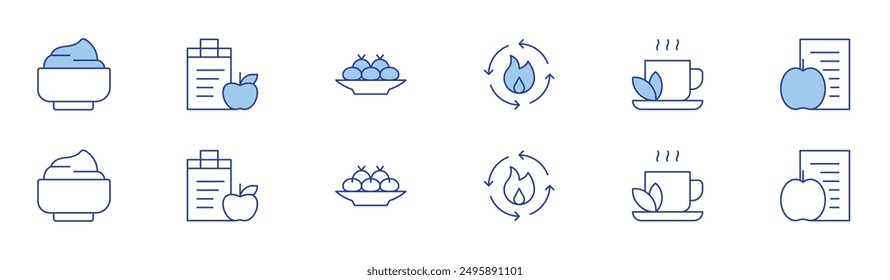 Nutrition icon set in two styles, Duotone and Thin Line style. Editable stroke. nutrition, metabolism, croquette, mascarpone, coca tea, diet.