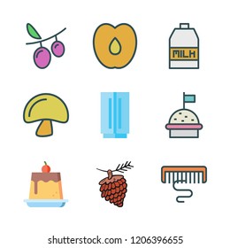 nutrition icon set. vector set about peach, mushroom, fridge and pudding icons set.