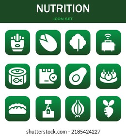 nutrition icon set. Vector  illustrations related with Fries, Pistachio and Lettuce