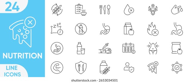 Nutrition icon Vector and illustrator set.meal planning, vegetables, fruits, calories, zero trans fat, water, dietary fiber, protein, Palm oil free, vitamins, healthy fats and more.