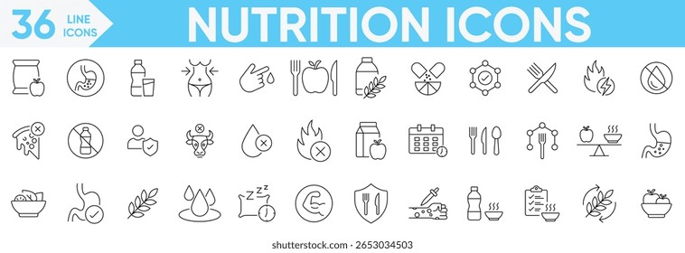 Nutrition icon Vector and illustrator set.meal planning, vegetables, fruits, calories, zero trans fat, water, dietary fiber, protein, Palm oil free, vitamins, healthy fats and more.