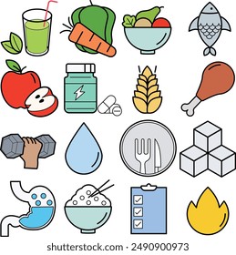 Nutrition Icons, Containing food, vegetables, water, meal planning, fruits, dietary fiber, protein, vitamins, healthy fats and carbohydrate icons.