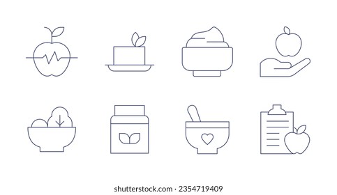 Nutrition icons. Editable stroke. Containing wellness, tofu, mascarpone, nutrition, salad, proteins, baby food, diet.