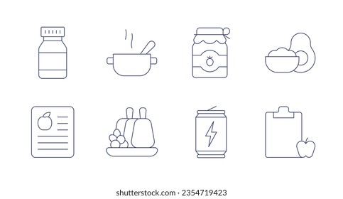 Nutrition icons. Editable stroke. Containing vitamins, soup, jam, guacamole, report, prime rib, drink, diet.