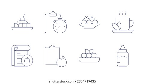 Nutrition icons. Editable stroke. Containing patatas bravas, nutritional plan, croquette, coca tea, nutrition, canelons, milk bottle.