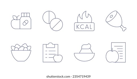 Nutrition icons. Editable stroke. Containing vitamins, spirulina, kcal, ham, salad, nutrition, egg, diet.