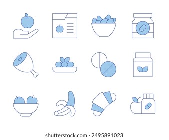 Nutrition icons. Line Duotone style, editable stroke. peanut butter, salad, vitamins, nutrition, proteins, spirulina, canelons, banana, croissant, ham.