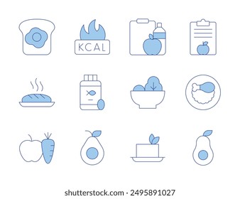 Nutrition icons. Line Duotone style, editable stroke. nutrition, salad, nutritional plan, tofu, chicken thigh, fish oil, avocado, kcal, bread, brunch.